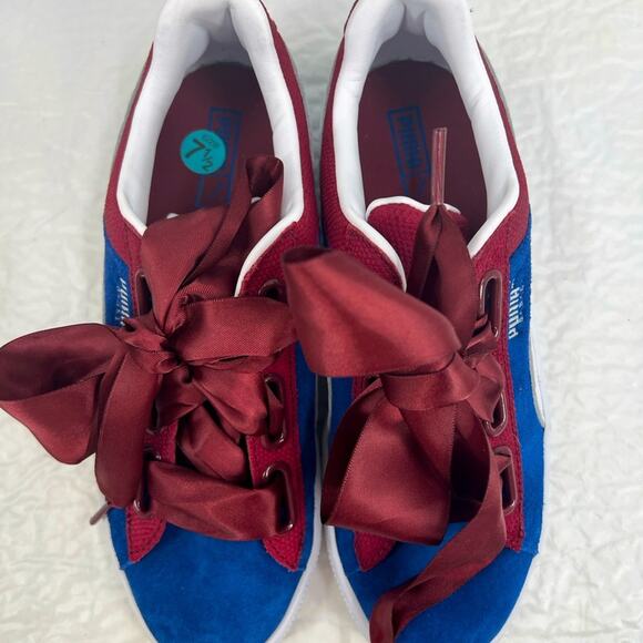 PUMA NEW Suede Heart Satin Lapis Blue, Urban Red sneakers with x wide ribbon - Picture 2 of 9